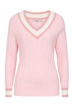 Pink sweater with white trim 