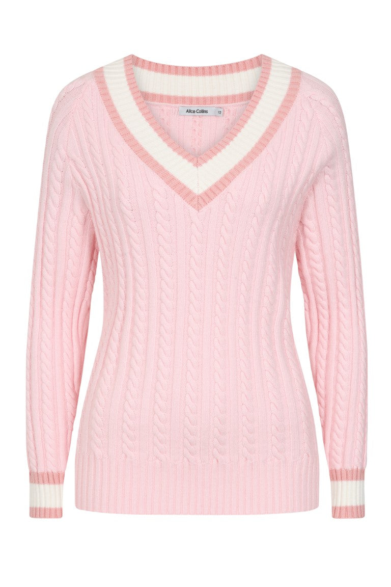 Pink sweater with white trim 
