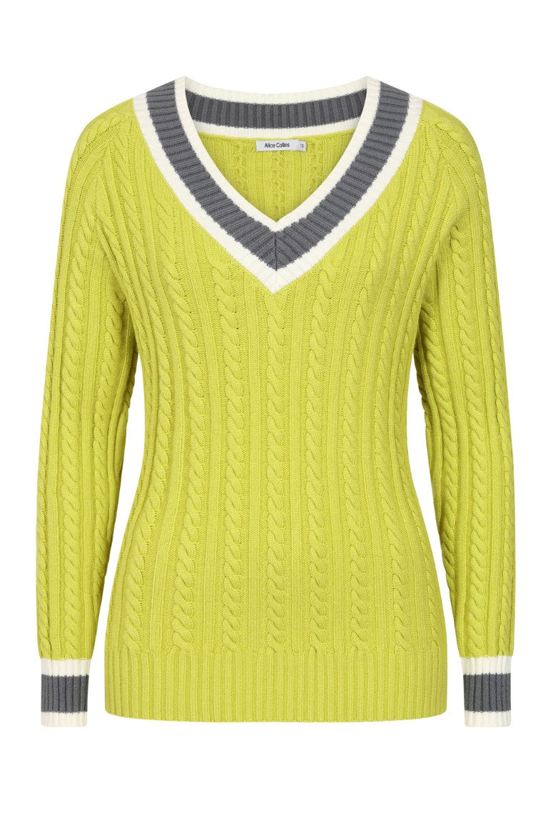 Green cable knit sweater with a V-neck and striped collar 
