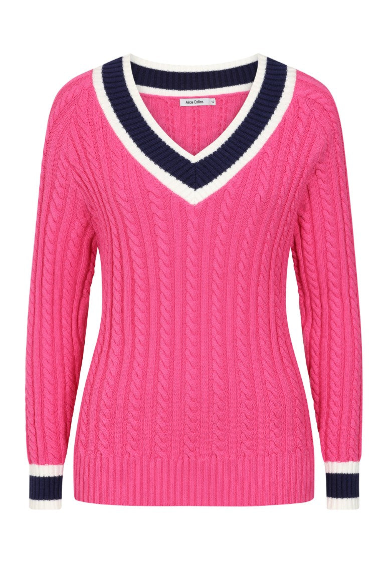 Pink sweater with a V-neck and contrasting collar 