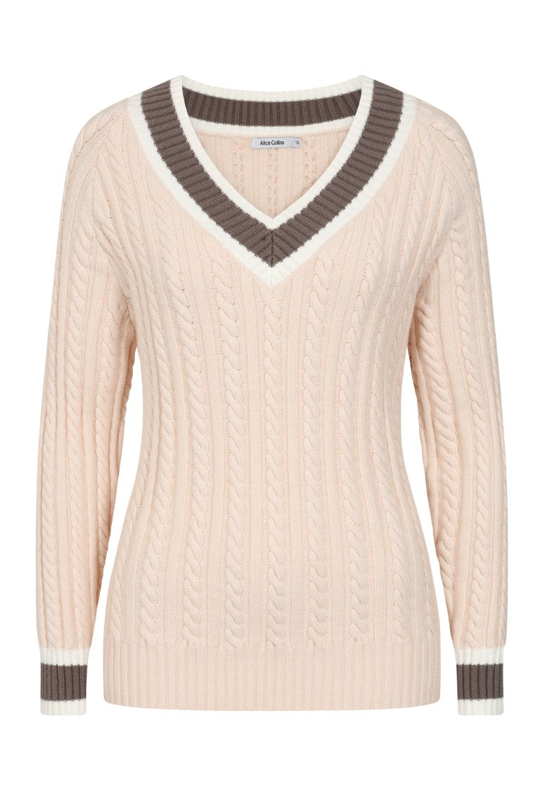Beige sweater with brown and white trim 