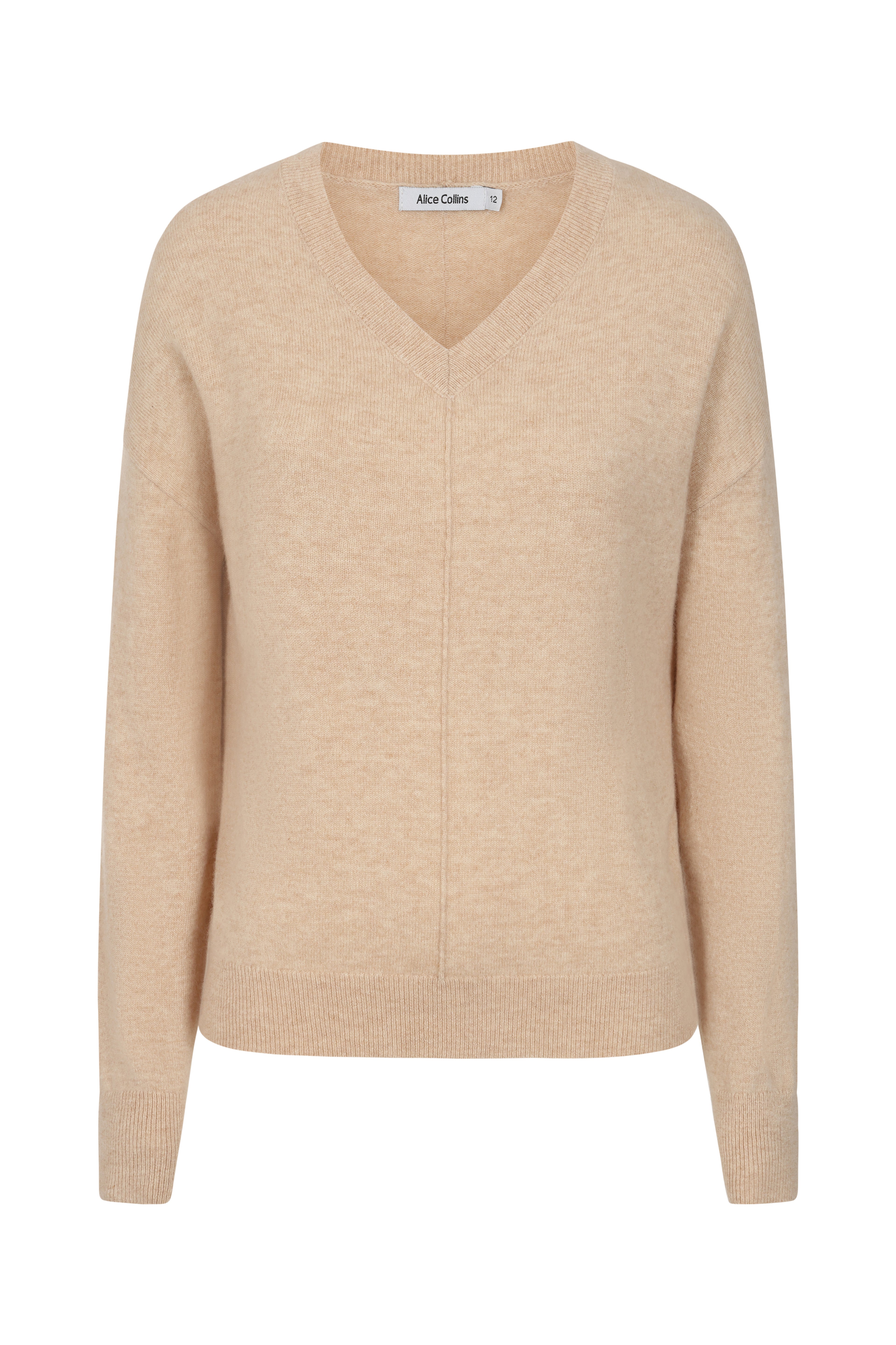 A light beige V-neck knit sweater with long sleeves, shown on a plain white background. The brand name 'Alex Collins' is visible on the inner neck label.