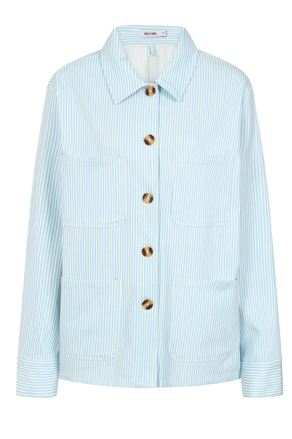 Millie Striped Jacket Buy Online Alice Collins  Light blue striped shirt with gold buttons