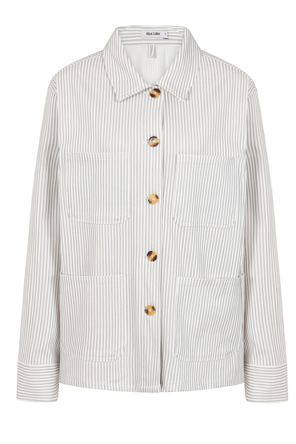 Millie Striped Jacket Buy Online Alice Collins  White shirt with black stripes and gold buttons