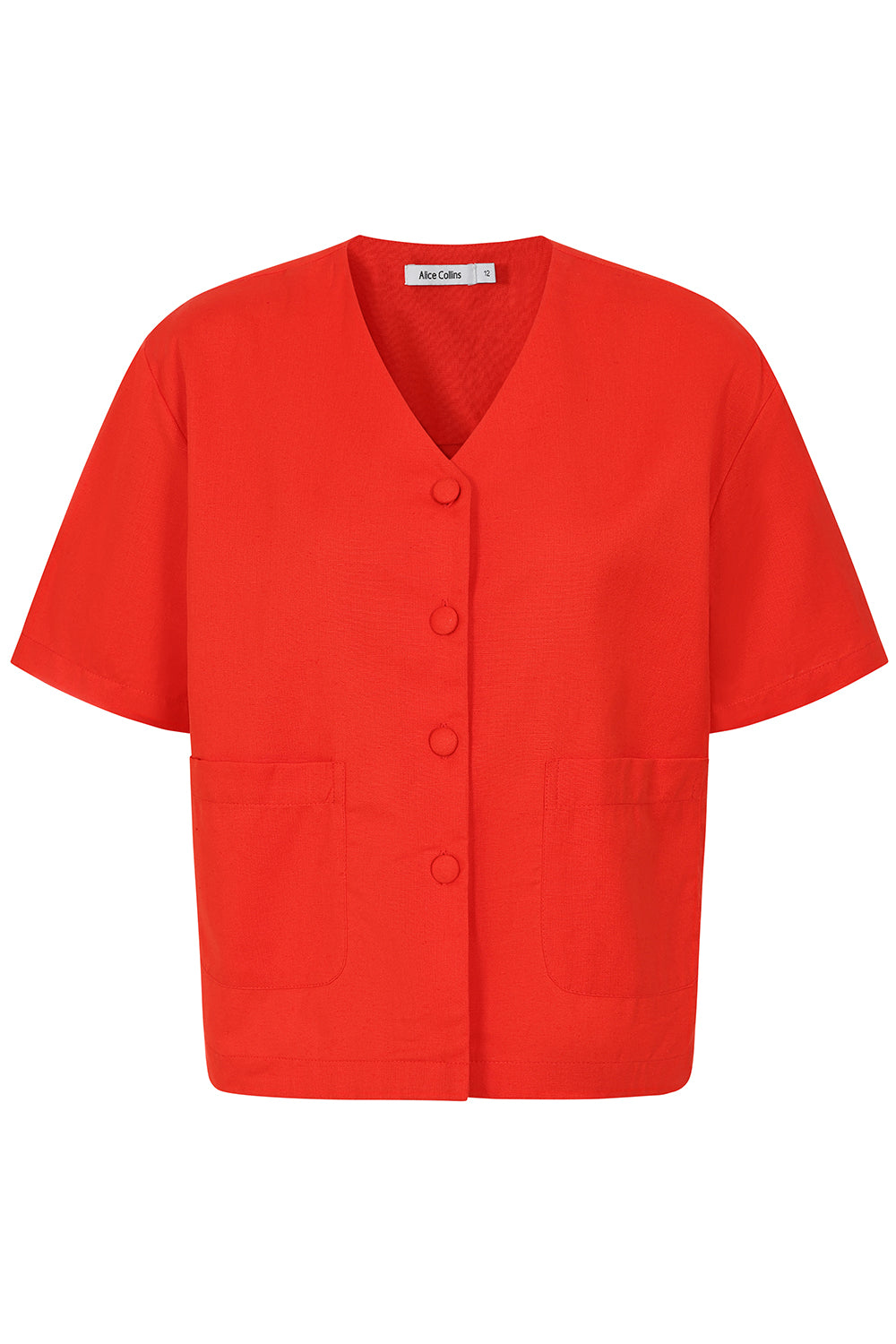 Mia V Button Top Alice Collins Red cardigan with short sleeves on a white background