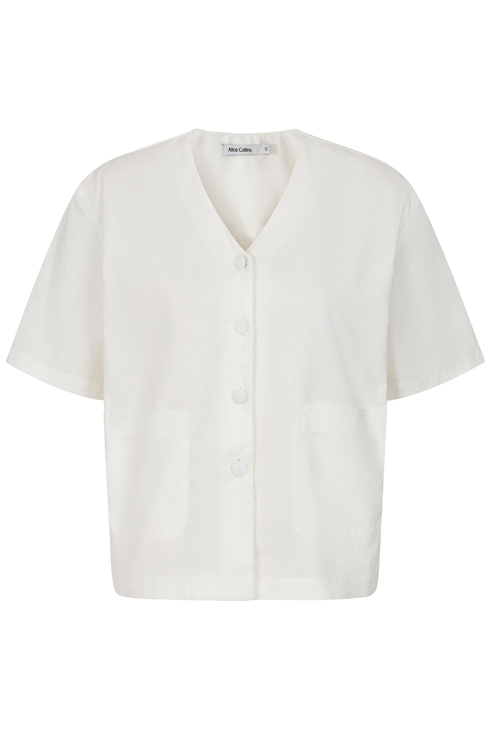 Mia V Button Top Alice Collins White blouse with short sleeves on a white background