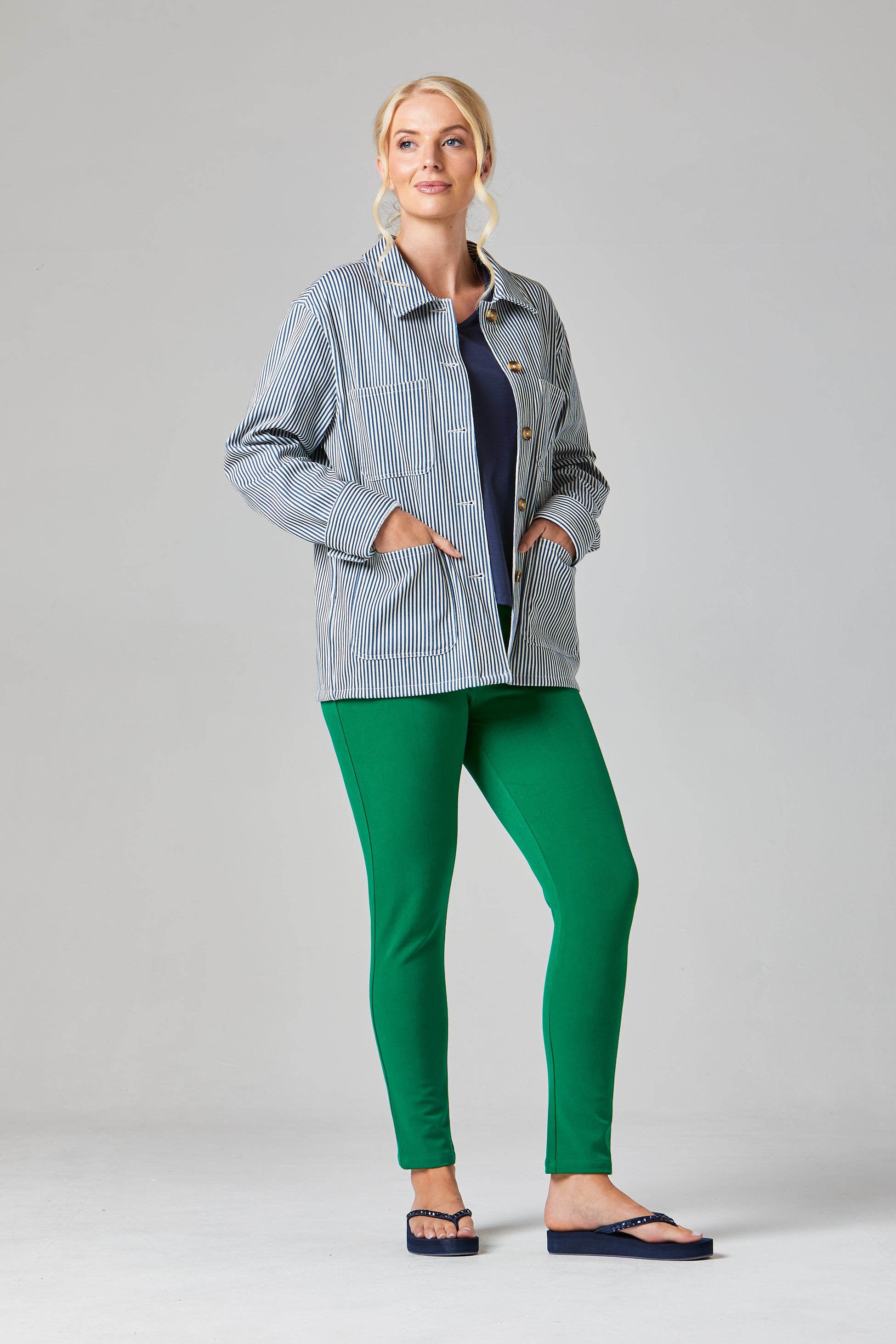 Millie Striped Jacket Buy Online Alice Collins Woman wearing a light blue jacket