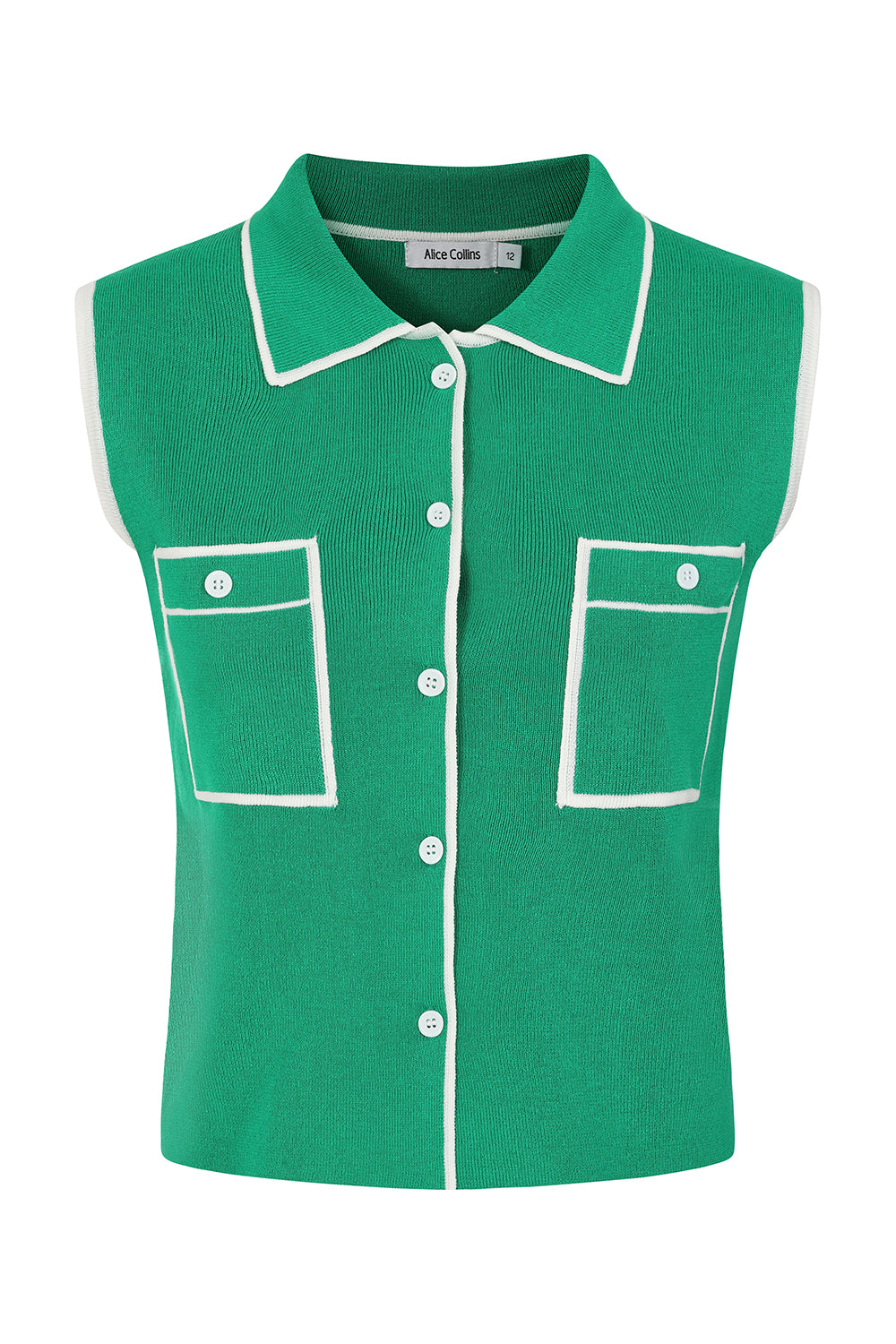 Buy Online Alice Collins , Green sleeveless shirt with white buttons and trim