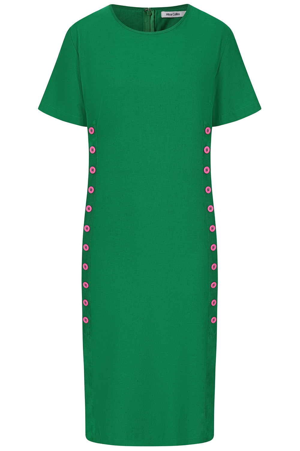 Buy Online Kylie Dress Alice Collins Green dress with pink buttons