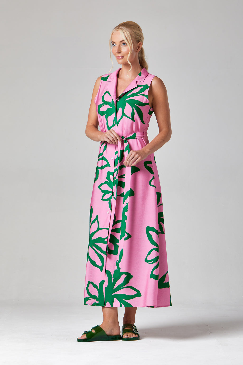Buy Online MAIRI DRESS Alice Collins CANDY FLOSS  Woman pink dress with green leaf pattern