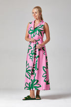 Buy Online MAIRI DRESS Alice Collins CANDY FLOSS  Woman pink dress with green leaf pattern