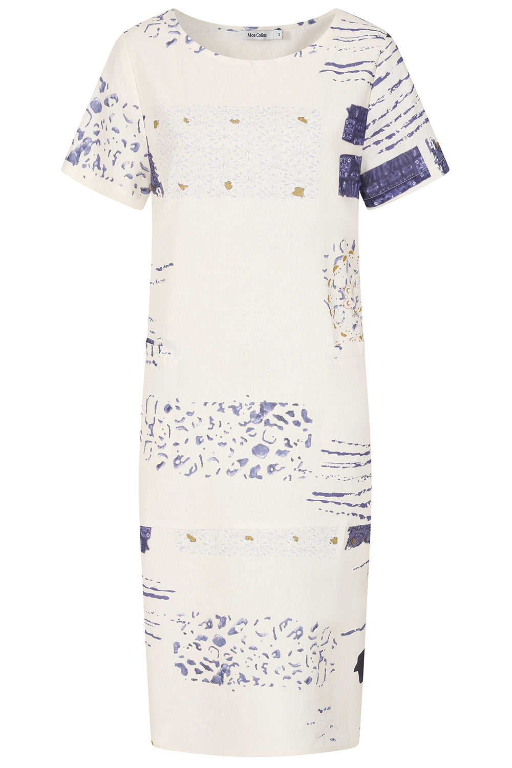 Janis Dress White dress with blue and purple abstract pattern on a white background