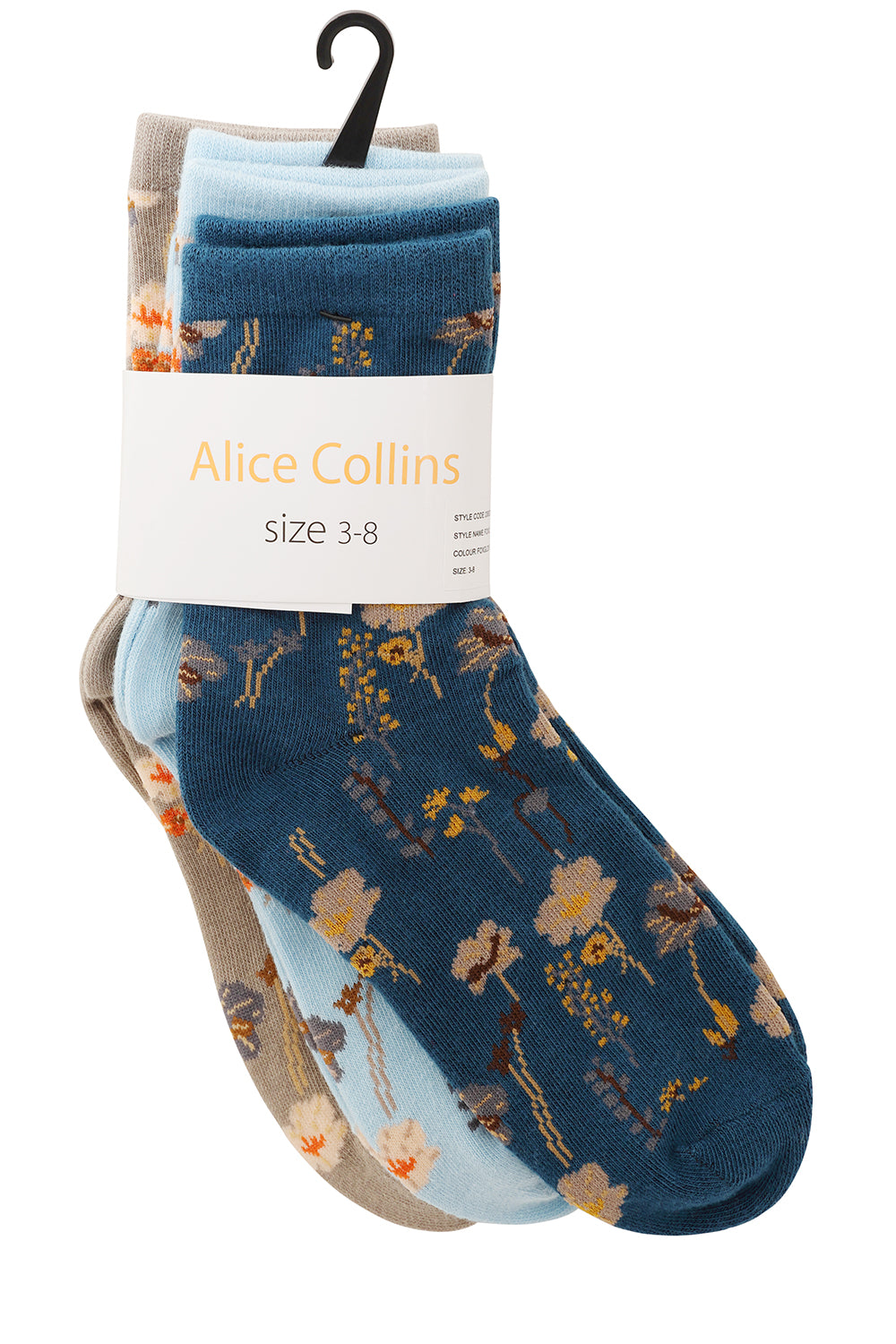 Buy Online Foxglove Socks (3pk) Alice Collins Pack of socks with a floral pattern, displayed on a white background