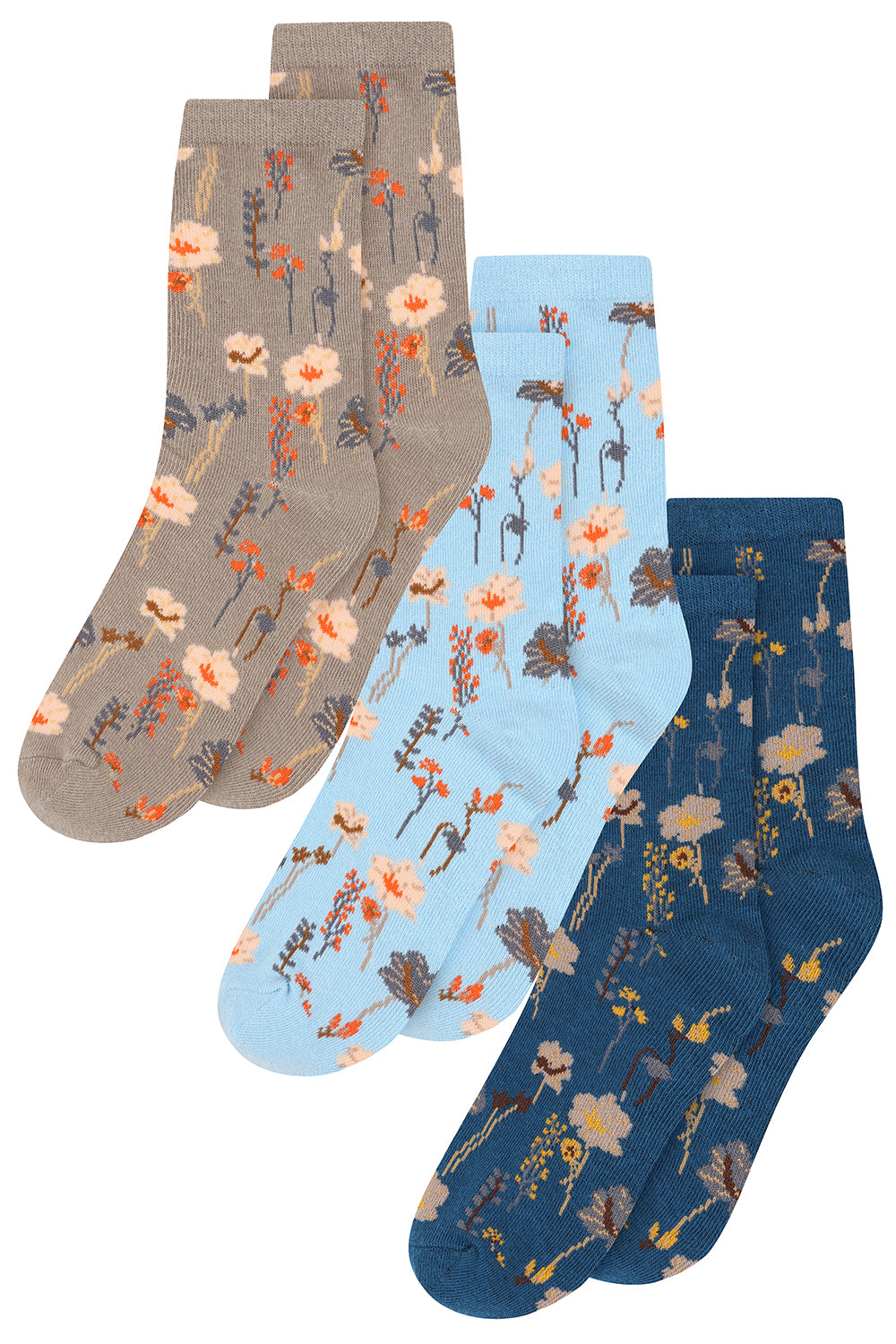 Buy Online Foxglove Socks (3pk) Alice Collins Three pairs of floral-patterned socks in gray, blue, and navy on a white background.