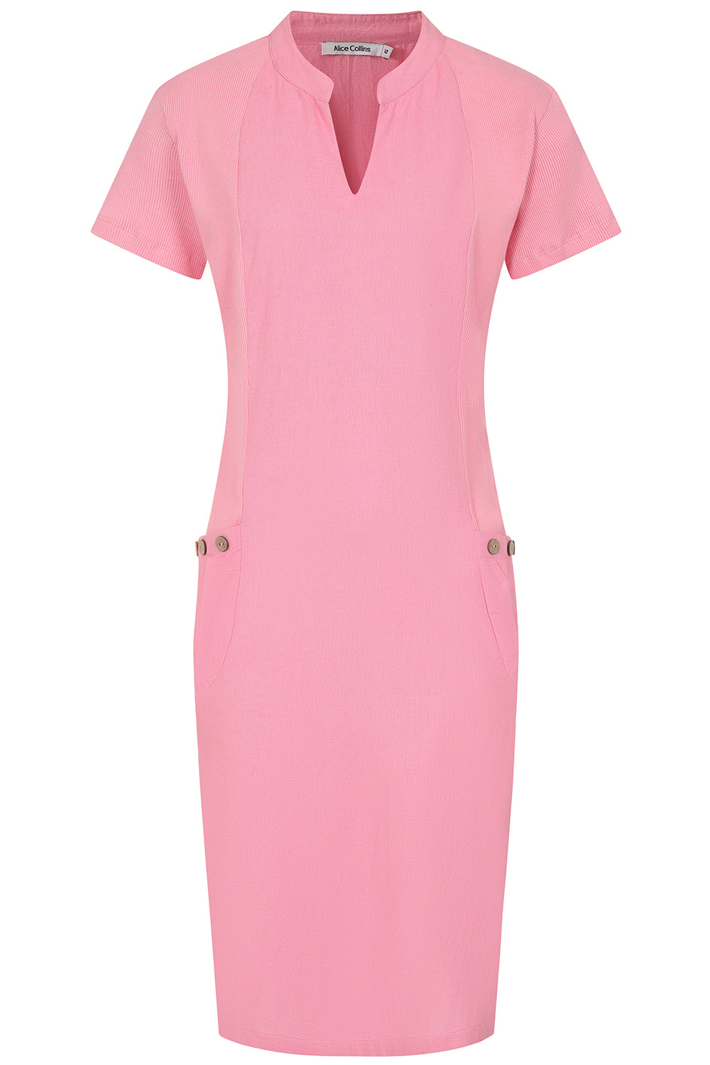 Buy Online Hettie Notch Neck Dress colour Candy Floss pink with short sleeves and button Alice Collins