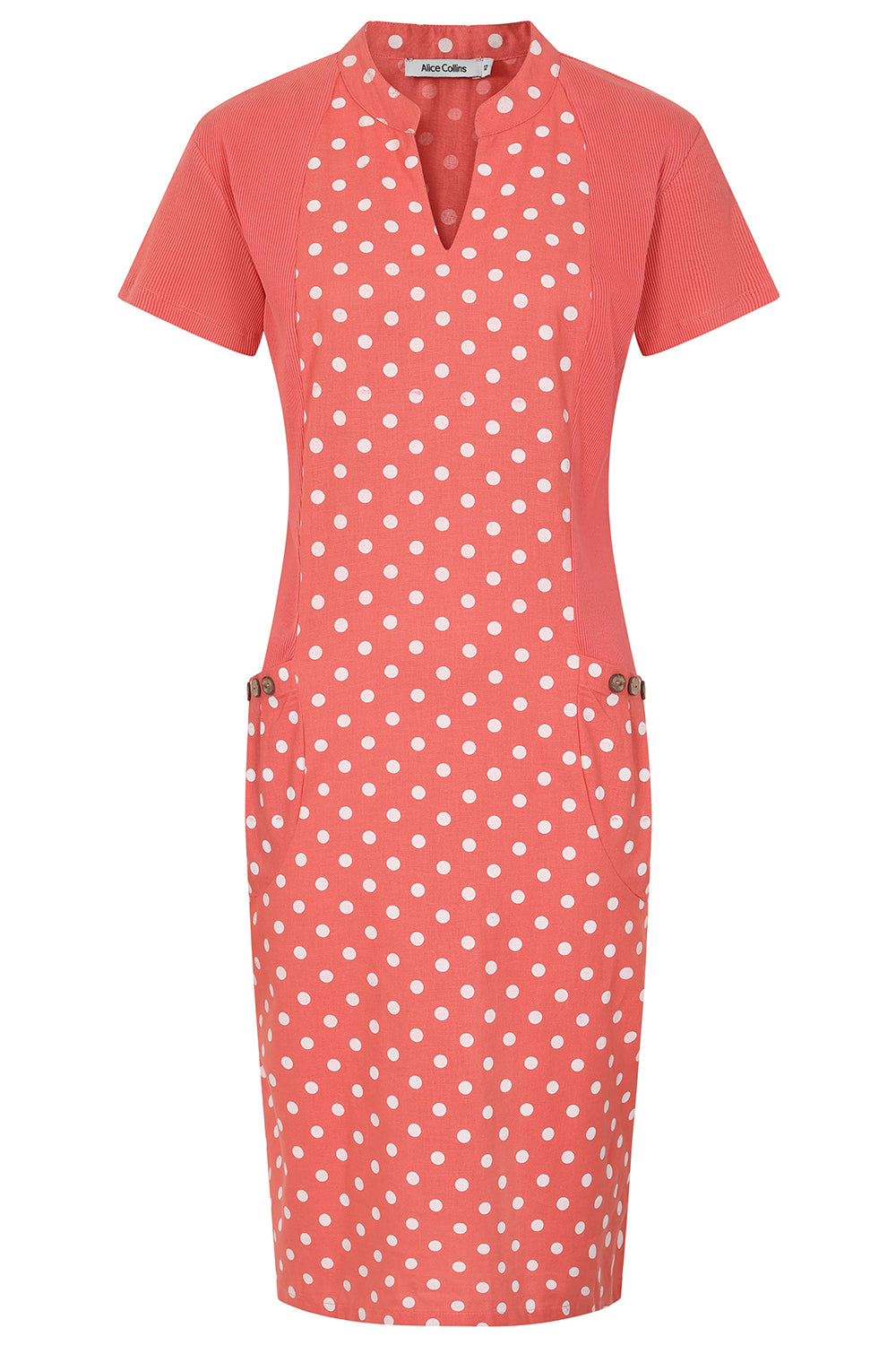 Buy Online Hettie Notch Neck Dot Dress Alice Collins Coral dress with white polka dots on a white background