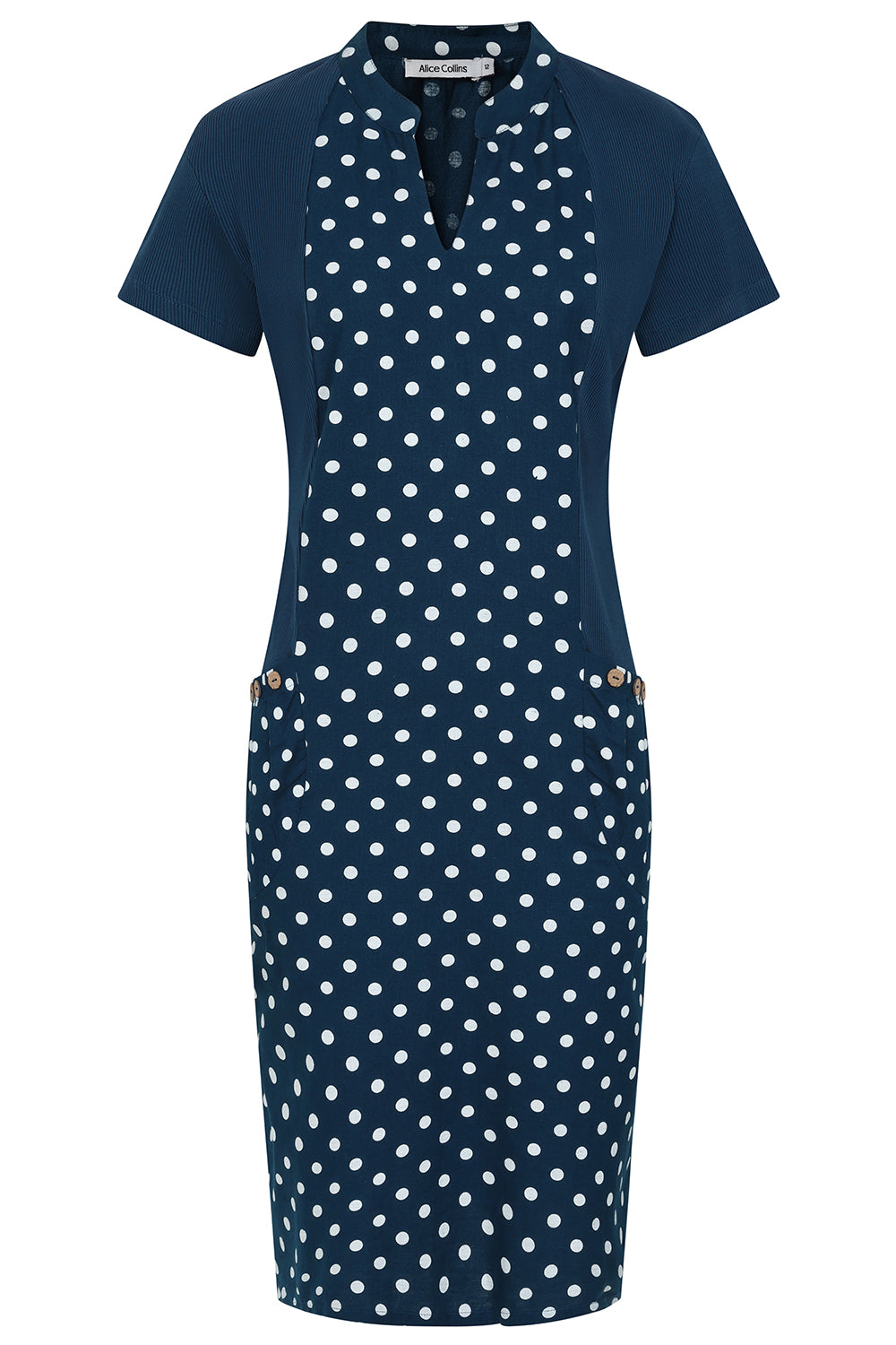 Buy Online Hettie Notch Neck Dot Dress Alice Collins  Navy dress with white polka dots on a white background