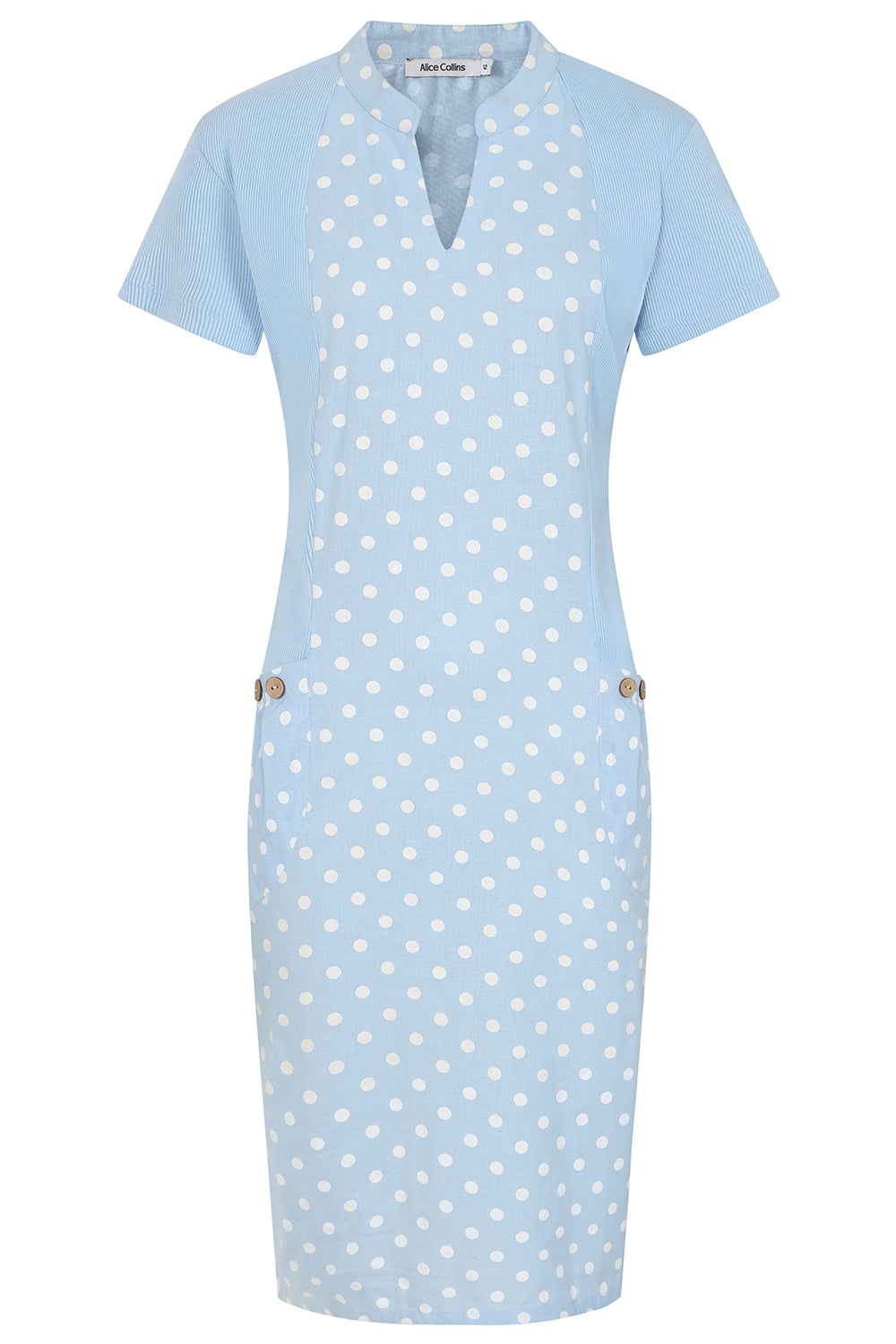 Buy Online Hettie Notch Neck Dot Dress Alice Collins  Light blue dress with white polka dots on a white background