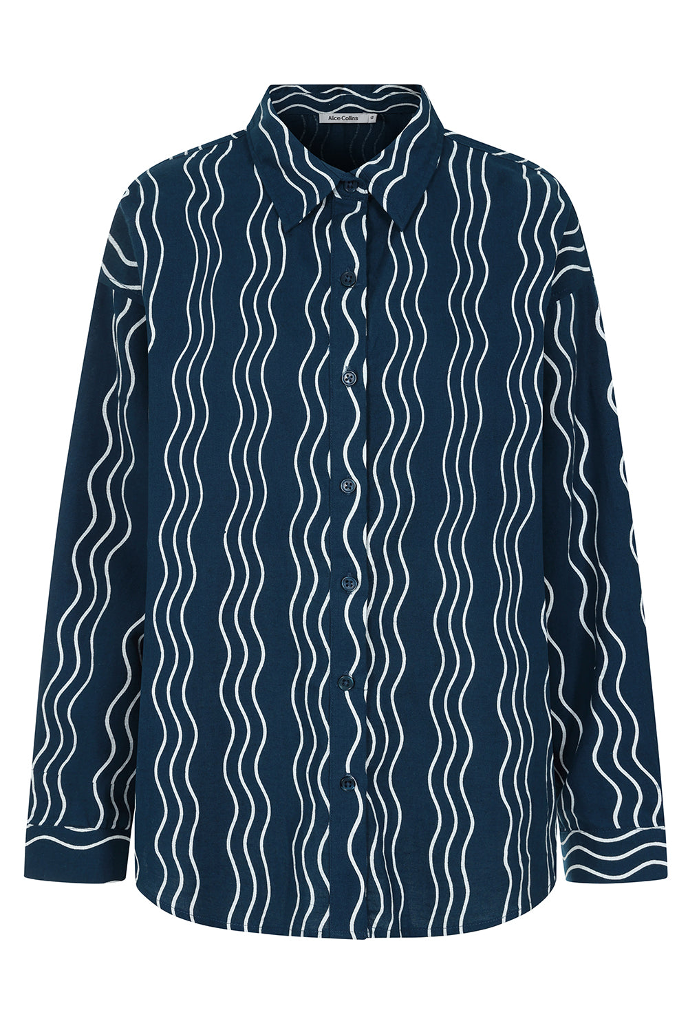 Buy Online Beth Wavy Shirt Alice Collins Navy blue shirt with white wavy pattern on a white background