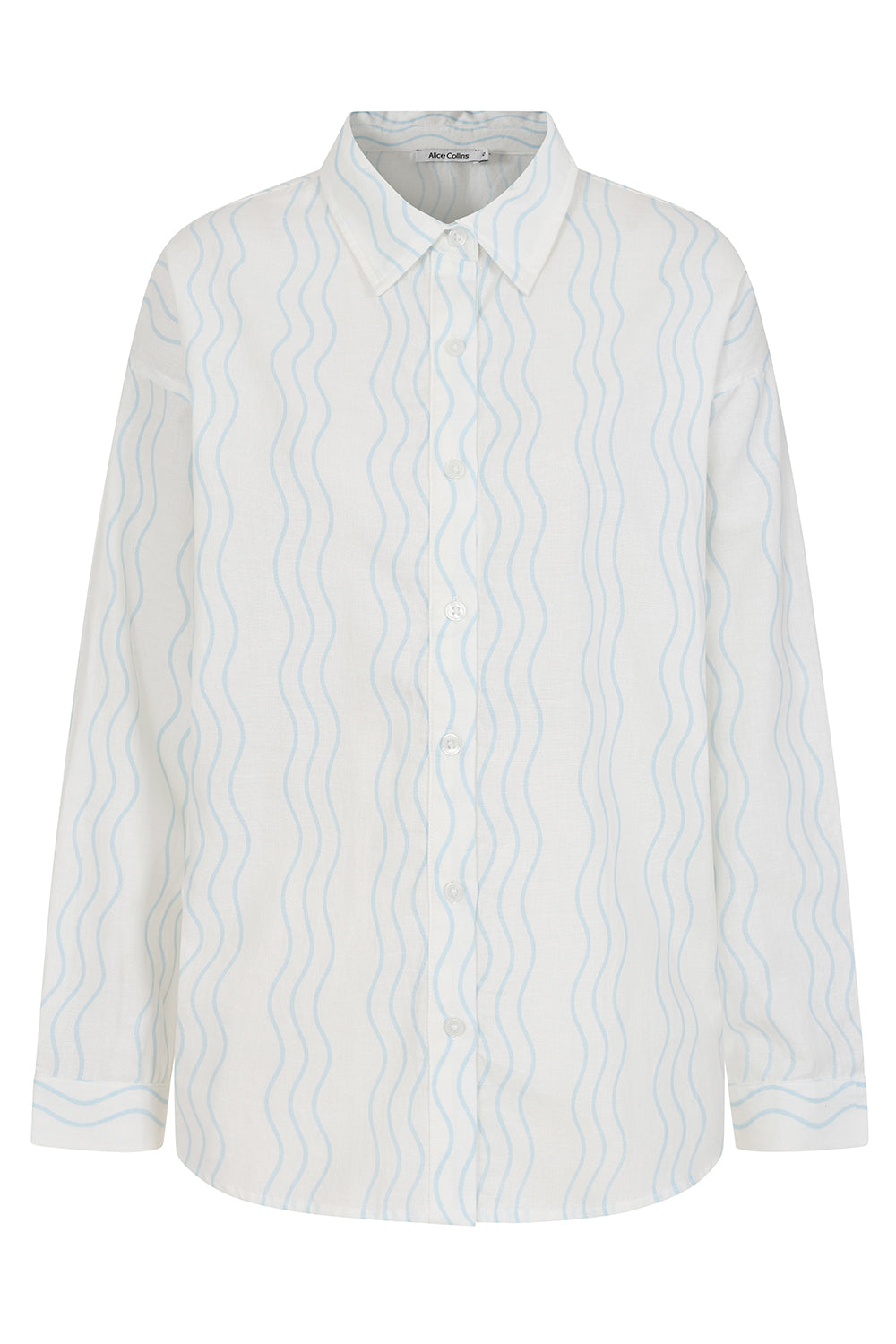 Buy Online Beth Wavy Shirt Alice Collins White shirt with blue wave pattern on a white background