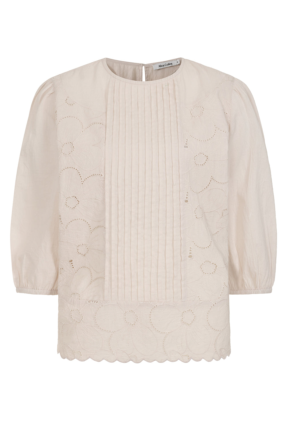Buy Online Imogen Blouse Alice Collins Beige blouse with floral embroidery on a white background