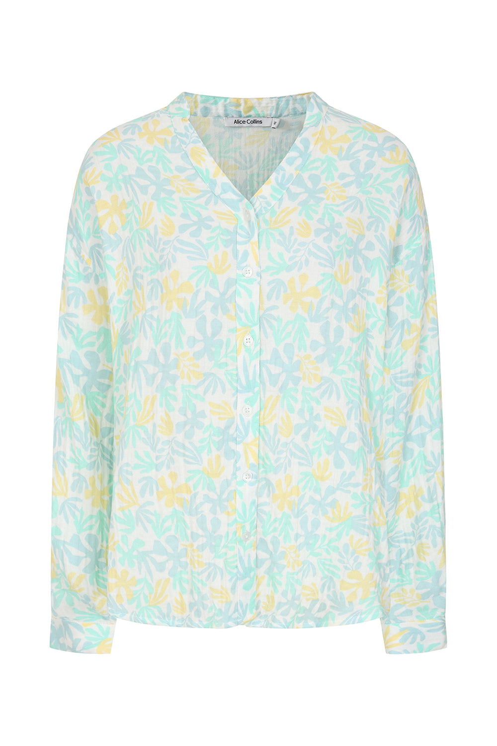 Light blue shirt with yellow floral pattern on a white background
