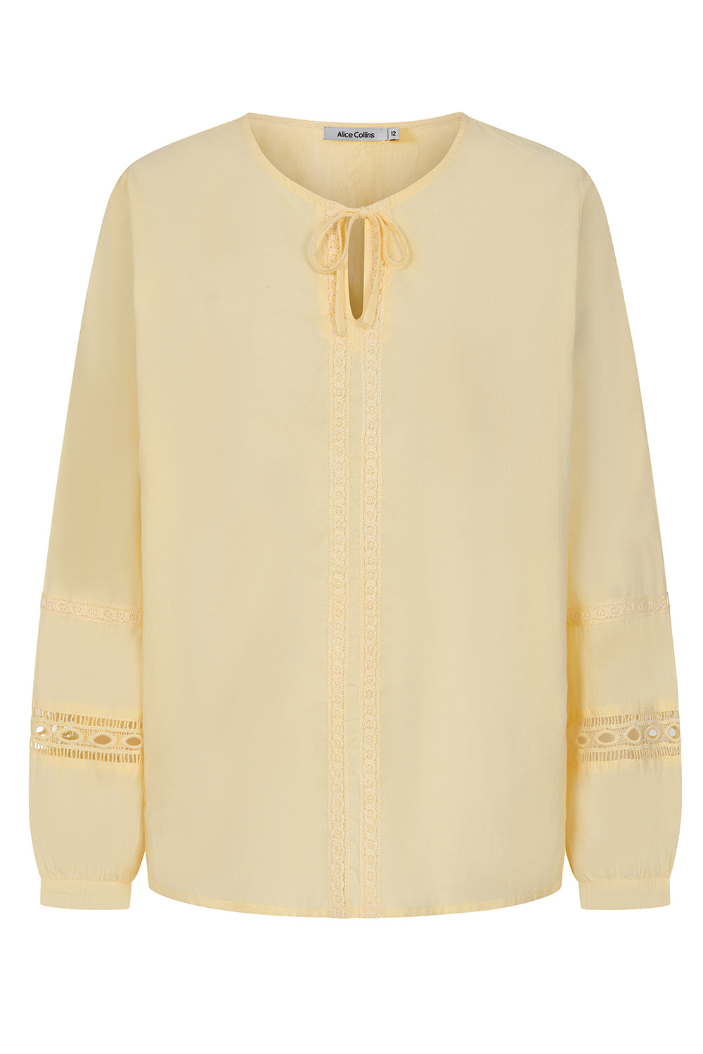 Buy Online Rachel Lace Trim Top Alice Collins - Yellow blouse with lace details on a white background