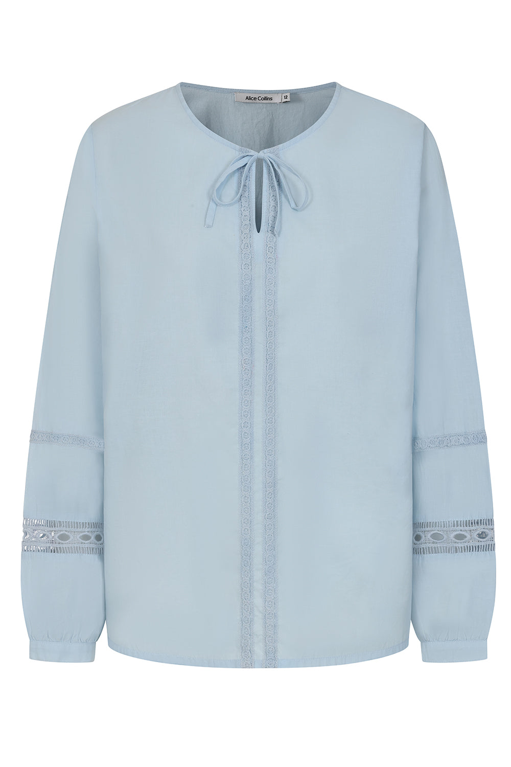 Buy Online Rachel Lace Trim Top Alice Collins - Light blue blouse with lace details on a white background