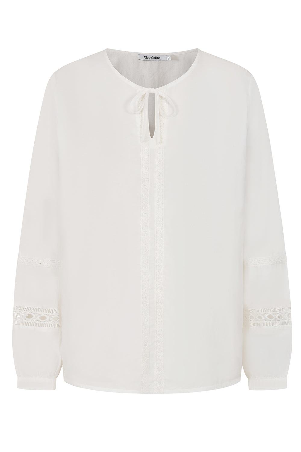 Buy Online Rachel Lace Trim Top Alice Collins - White blouse with lace details on a white background