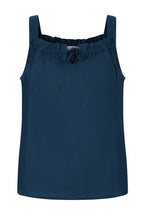 Buy Online Kata Top Alice Collins - Blue tank top with ruffled neckline on a white background