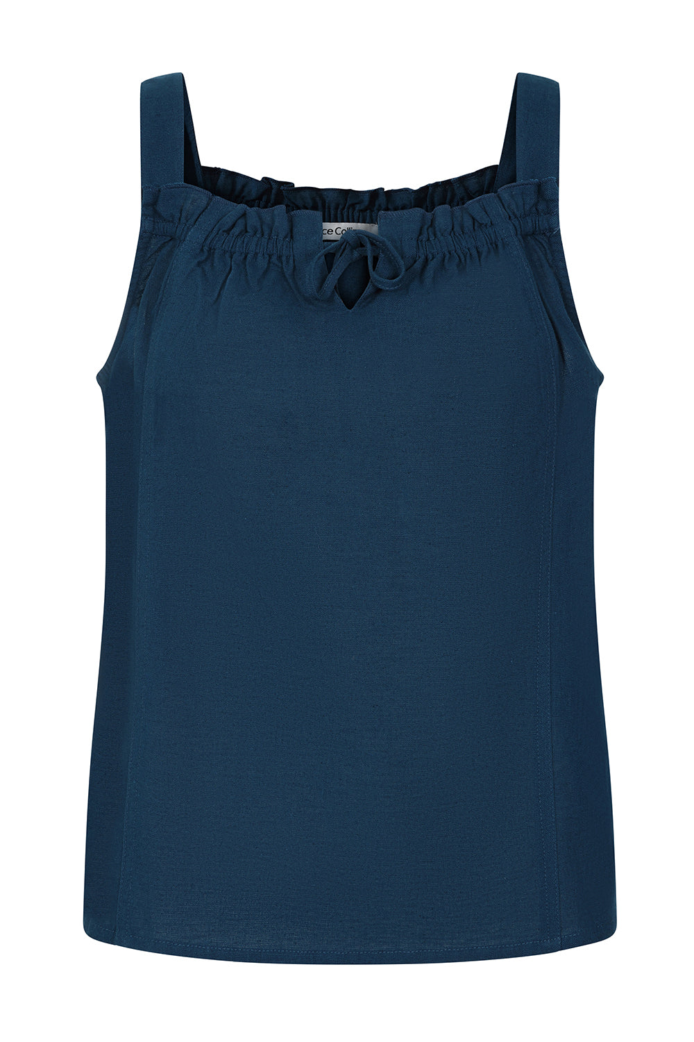 Buy Online Kata Top Alice Collins - Blue tank top with ruffled neckline on a white background