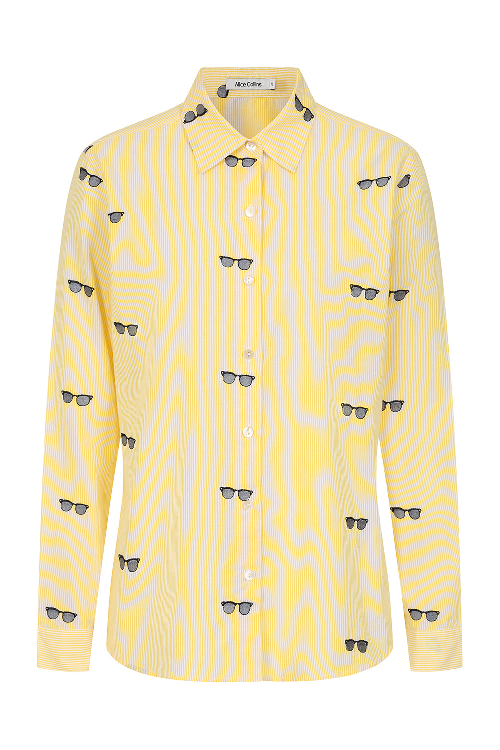Buy Online Bella Shirt Alice Collins - Butter Yellow shirt with small dark gray patterns on a white background