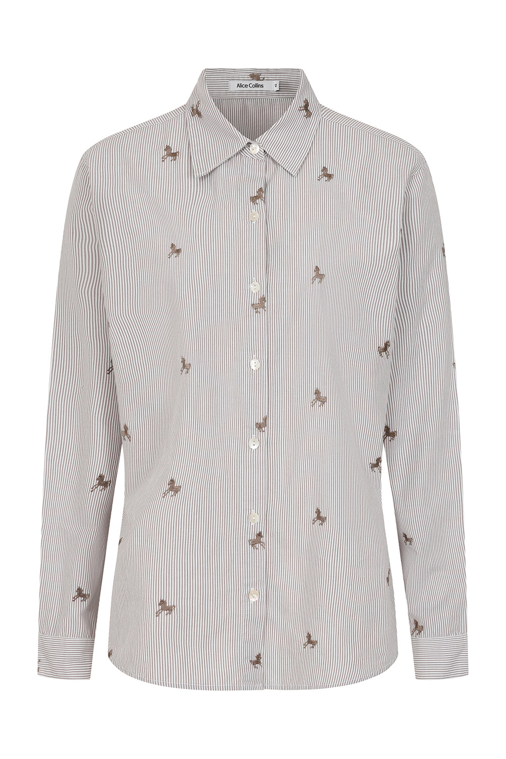 Buy Online Bella Shirt Alice Collins - Striped shirt with small embroidered designs on a white background