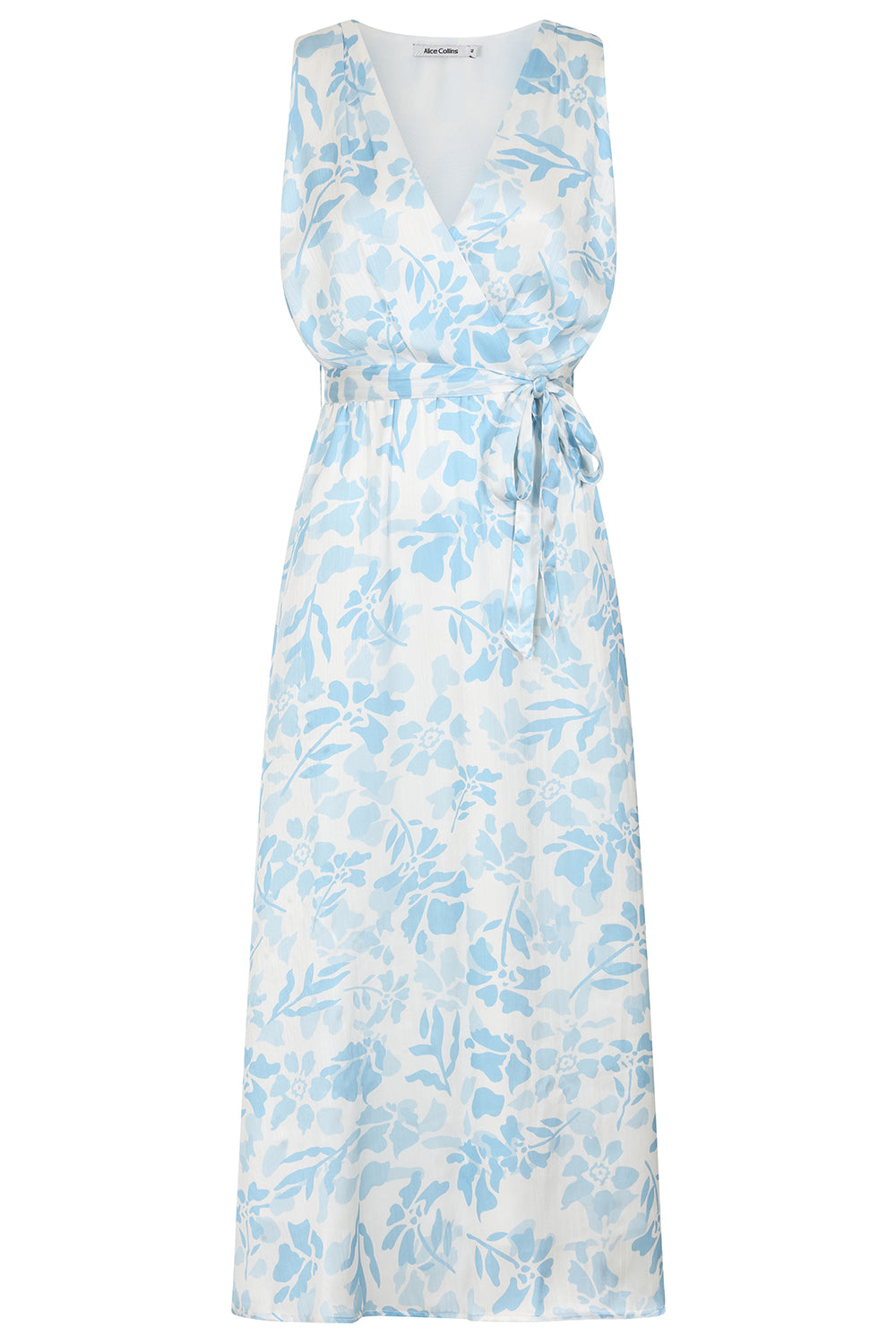 Buy Online Maya Maxi Dress Alice Collins - White dress with blue floral pattern on a white background