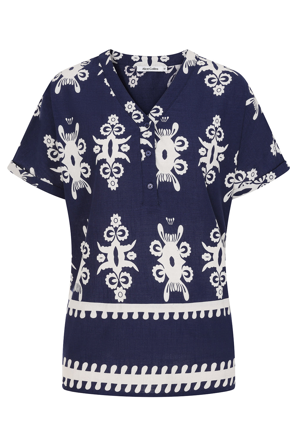 Buy Online Athena Shirt Alice Collins -  Navy blue shirt with white pattern on a white background
