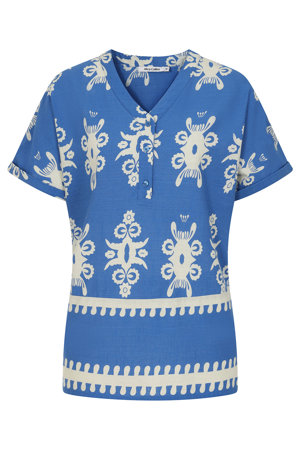 Buy Online Athena Shirt Alice Collins -  Blue shirt with white pattern on a white background