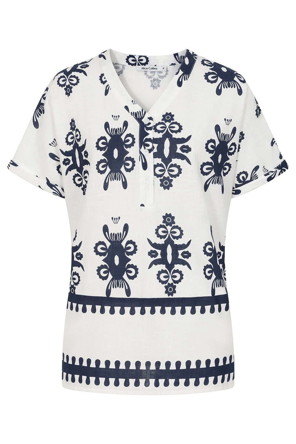 Buy Online Athena Shirt Alice Collins -  White blouse with blue pattern on a white background
