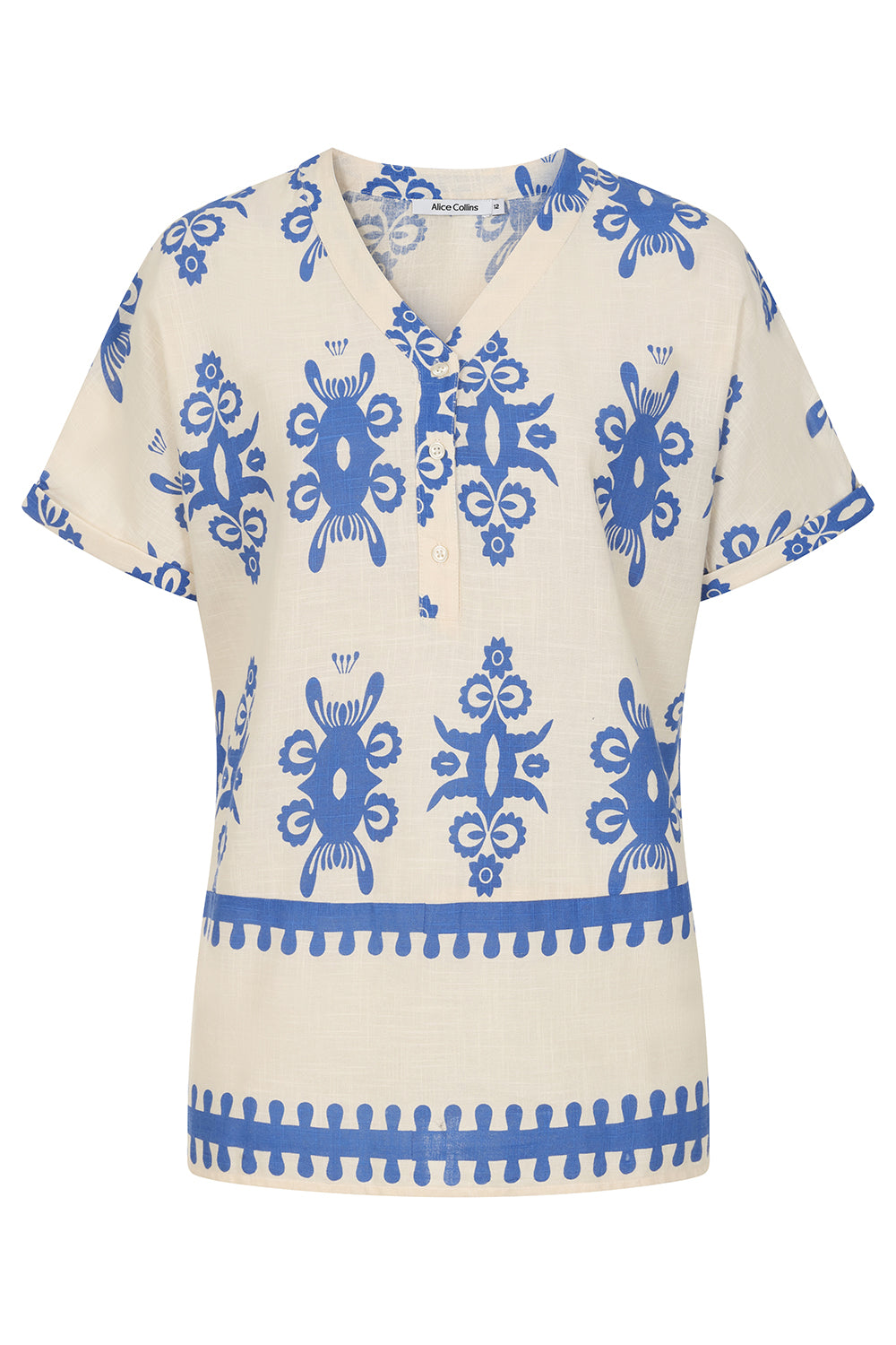 Buy Online Athena Shirt Alice Collins -  Beige shirt with blue pattern on a white background