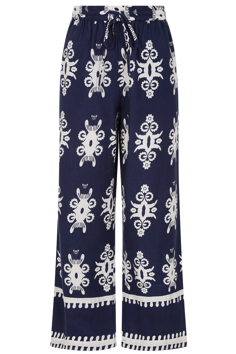 Buy Online Athena Trousers Alcie Collins -  Navy blue pants with white pattern on a white background