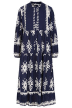 Buy Online Athena Dress Alice Collins -  Navy blue dress with white geometric patterns on a white background