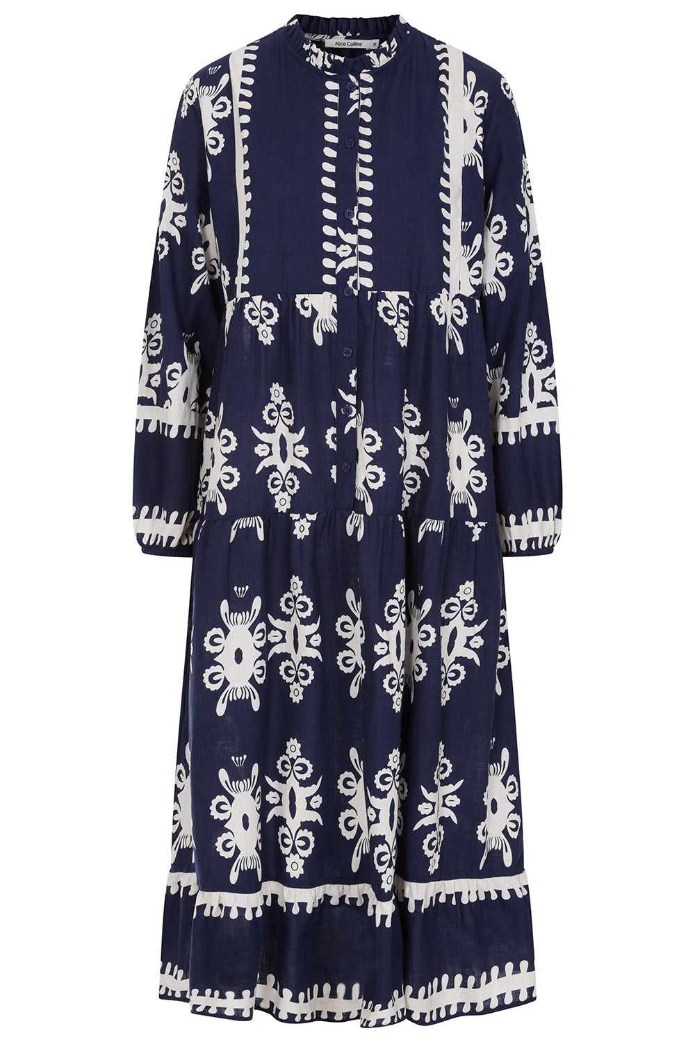 Buy Online Athena Dress Alice Collins -  Navy blue dress with white geometric patterns on a white background