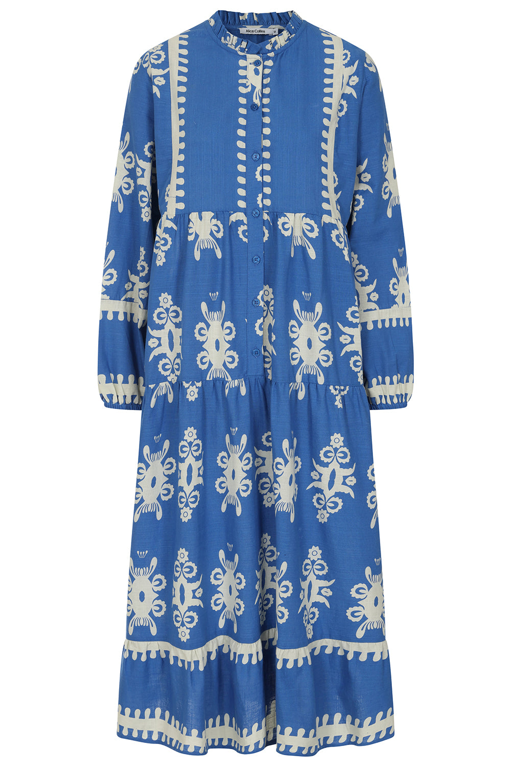 Buy Online Athena Dress Alice Collins -  Blue dress with white patterns on a white background