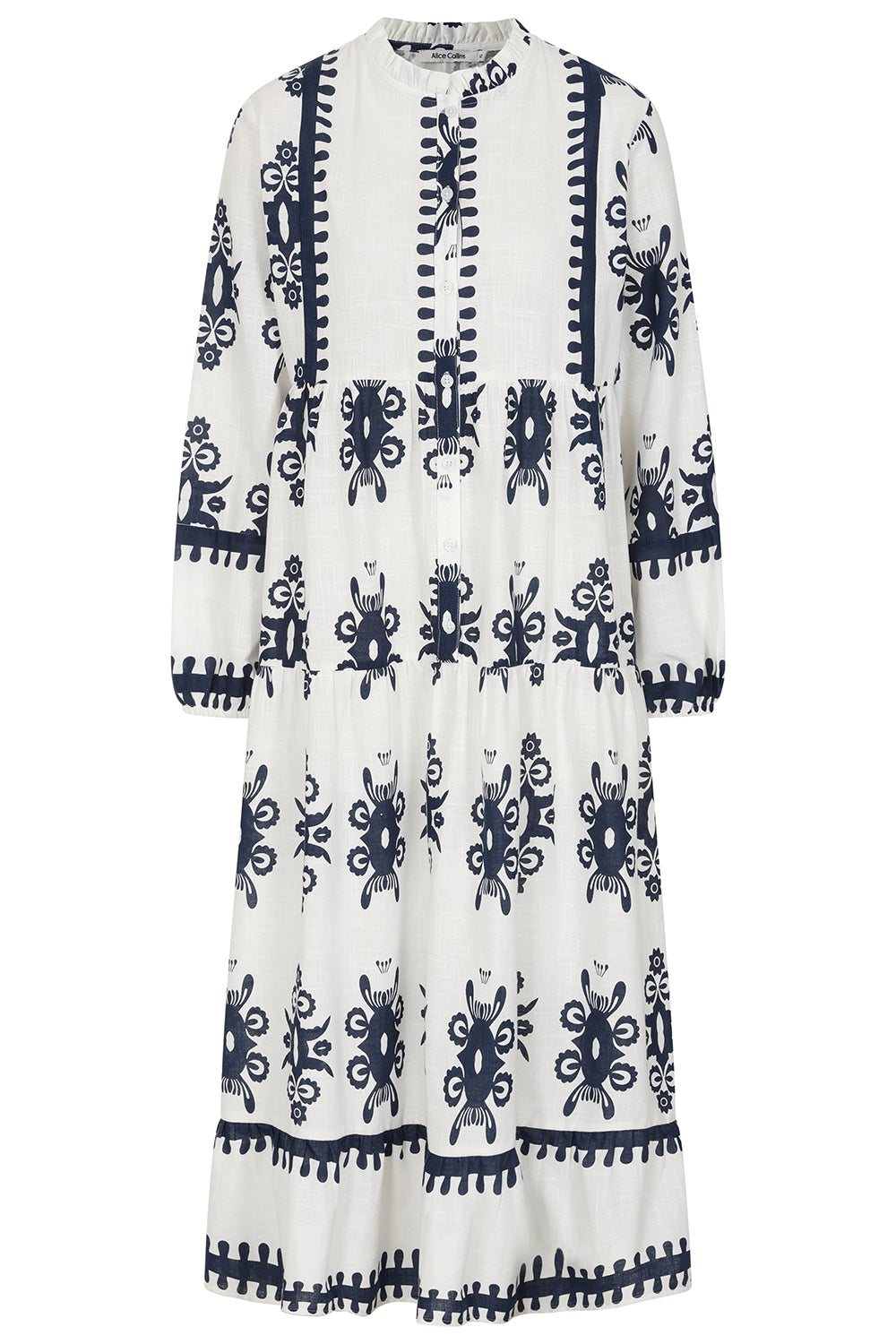 Buy Online Athena Dress Alice Collins - White dress with black geometric pattern on a white background