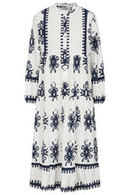 Buy Online Athena Dress Alice Collins - White dress with black geometric pattern on a white background