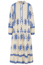 Buy Online Athena Dress Alice Collins -  Long dress with Wild Oat Royal blue pattern on a white background