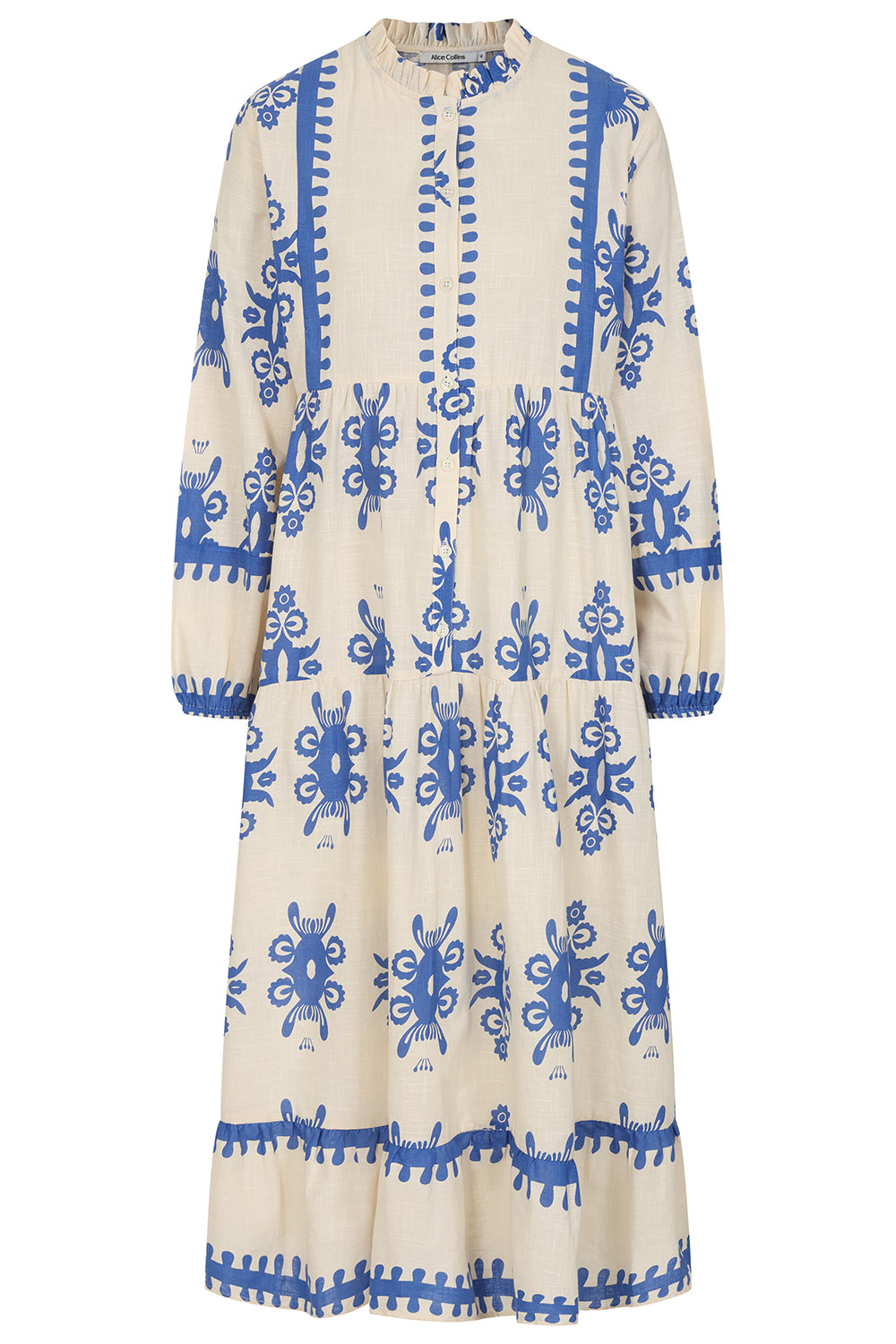 Buy Online Athena Dress Alice Collins -  Long dress with Wild Oat Royal blue pattern on a white background