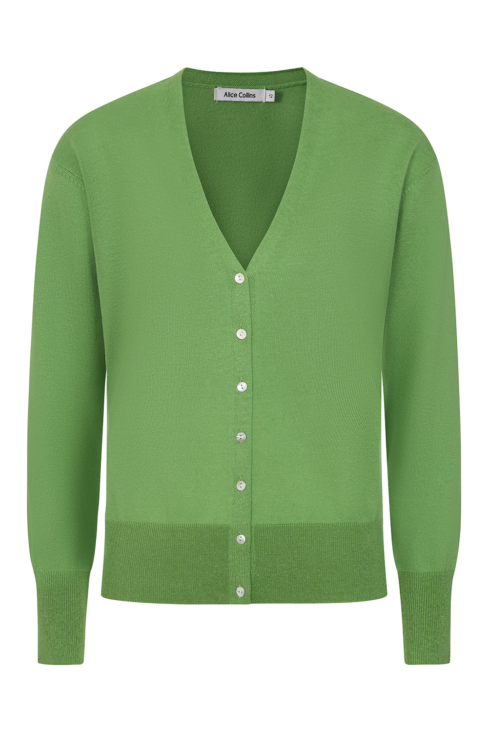 Buy Online Catania Cotton Linen Cardigan Alice Collins - Green cardigan with button details on a white background