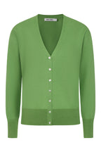 Buy Online Catania Cotton Linen Cardigan Alice Collins - Green cardigan with button details on a white background