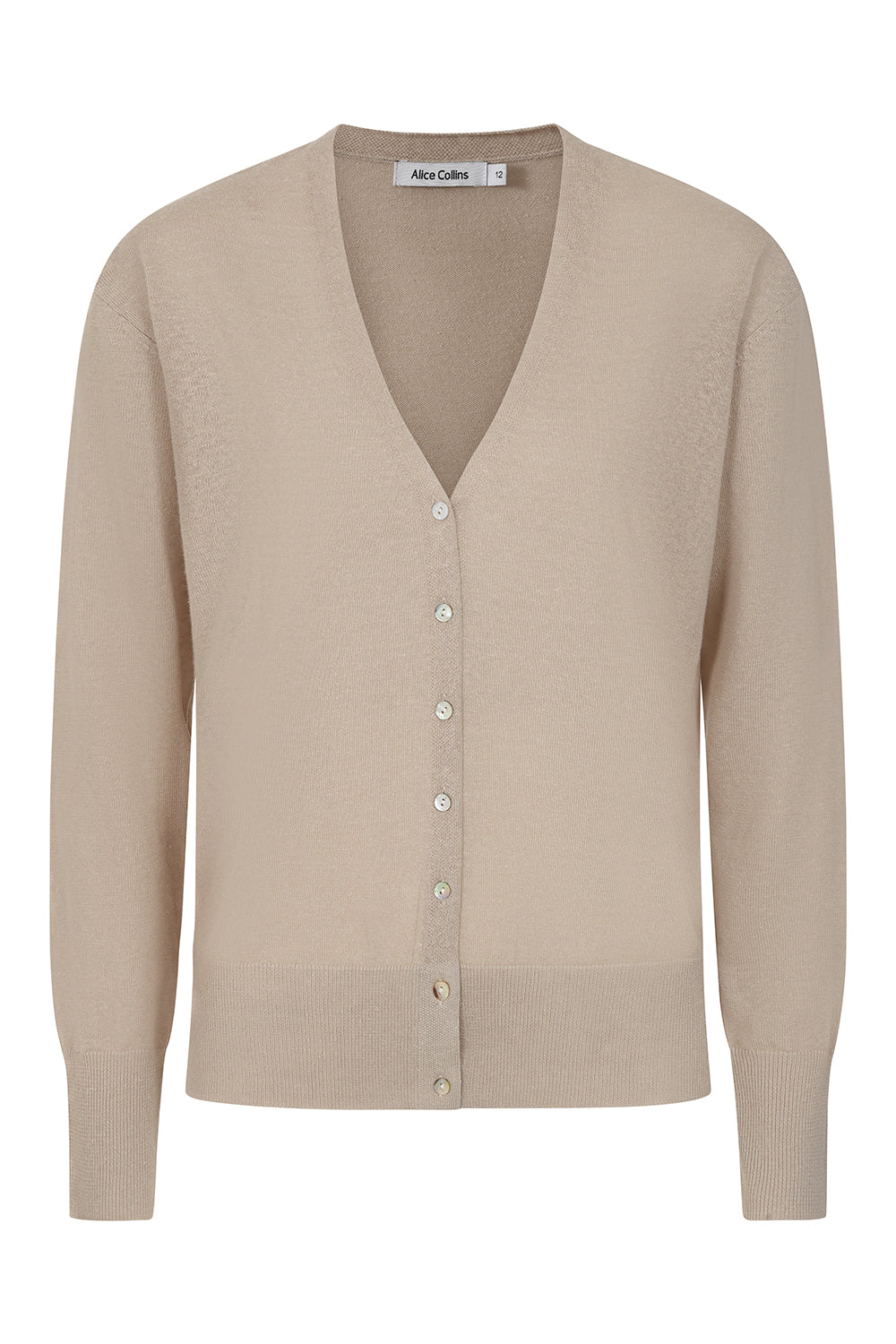Buy Online Catania Cotton Linen Cardigan Alice Collins - Beige cardigan with button details on a white background