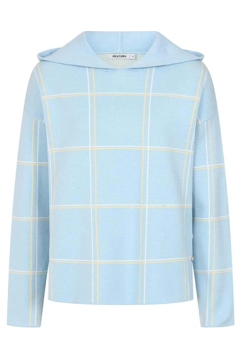 Buy Online Dina Hooded Pullover Alice Collins - Light blue hoodie with grid pattern on a white background